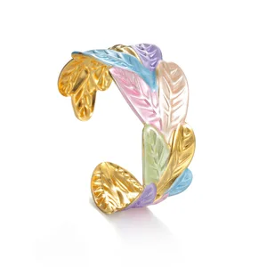 Wholesale Stainless Steel Cuff Bracelet 18K Gold Plated Enamel Leaf Open Bangle for Women Ins Fashion Jewelry