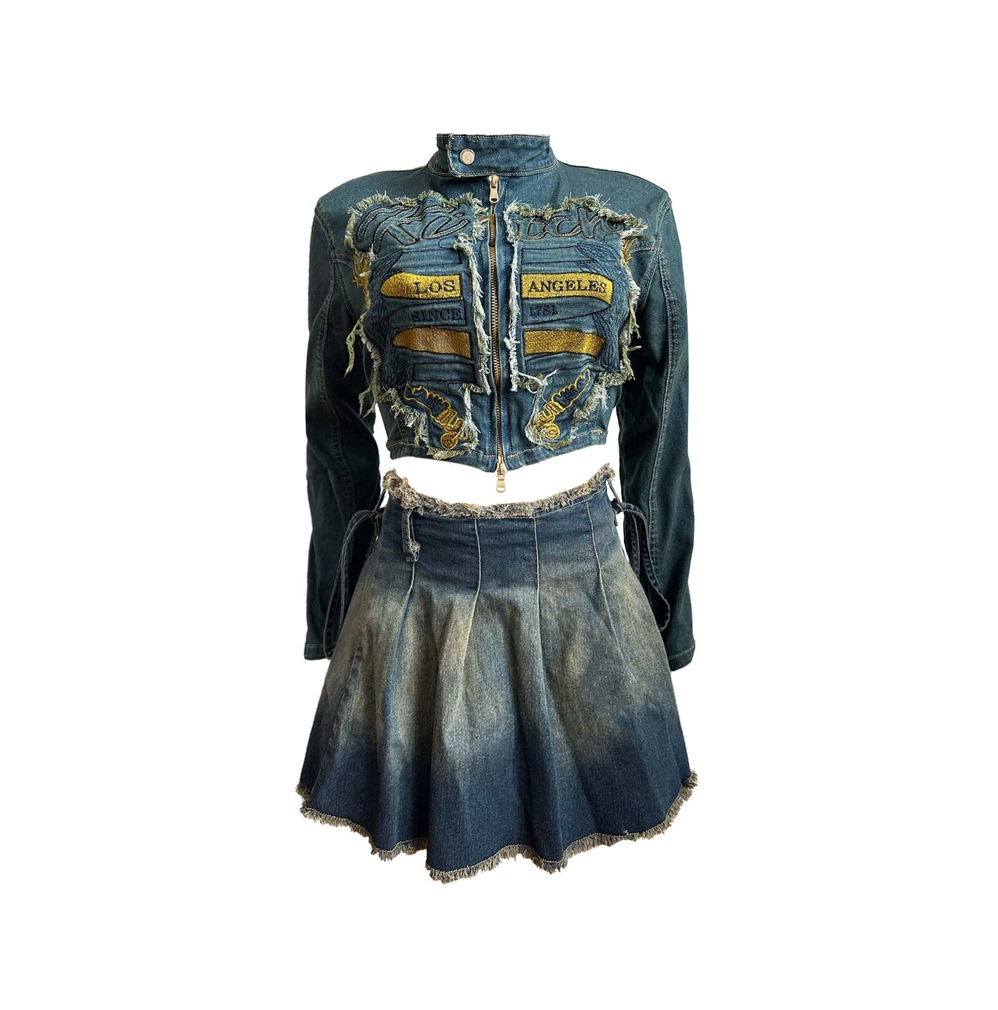 Fashion 2025 Clothing Women Boutique Casual Women Denim Outfit Long Sleeve Embroidery Jacket and Mini Skirt 2 Piece Set factory