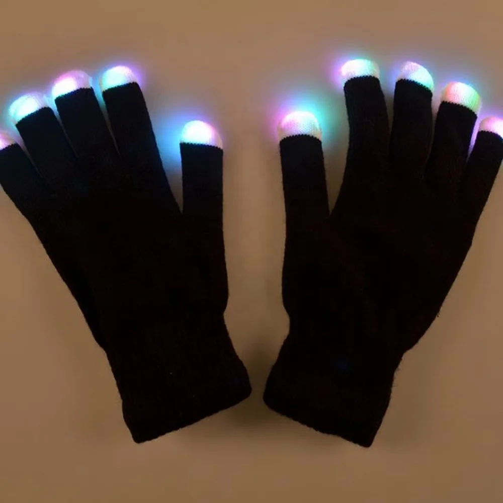 LED Rave Flashing Gloves Glow 7 Mode Light Up Finger Tip Lighting Pair Black
