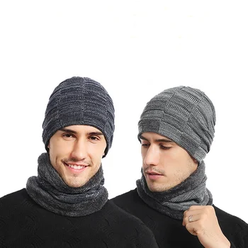 Custom Two Piece Men Winter Sets Polyester Knit Thick Warm Winter Caps Neck Scarf Sets