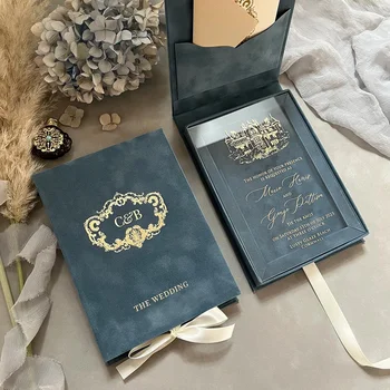 Minimalistic style Blue gold foil Venice Acrylic Wedding Invitations Valentine's Day Gift Printed Acrylic Wedding Invitation box