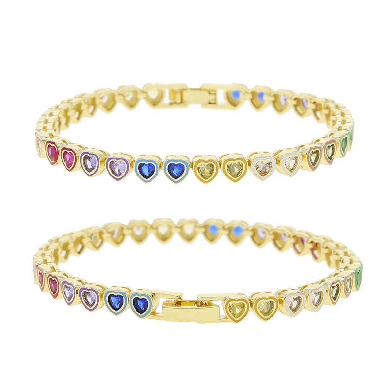 Gradient Ramp Colorful Bezel Heart Tennis Bracelet 5A CZ Gold Plated Women Fashion Rainbow Jewelry