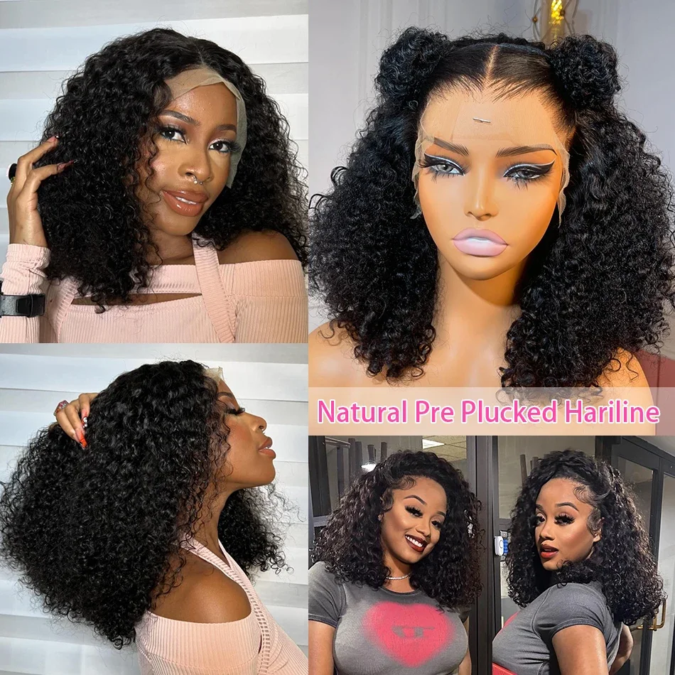 Peruca curta de cabelo humano com renda frontal, cacheada, solta, profunda, pré-arrancada, transparente, hd, onda d'água, frontal, para mulheres_voghion.com