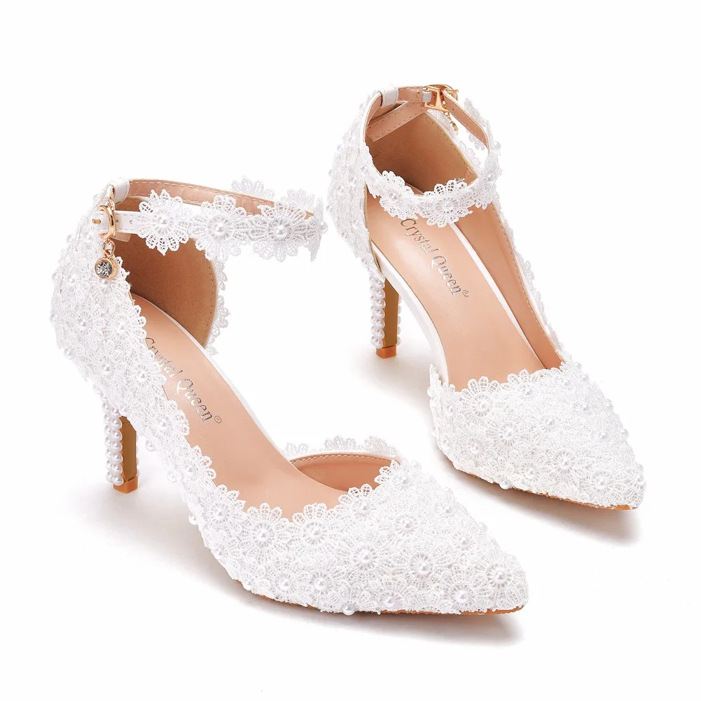S101F      Large Size Sandals Stiletto Pointed White Lace Wedding Shoes