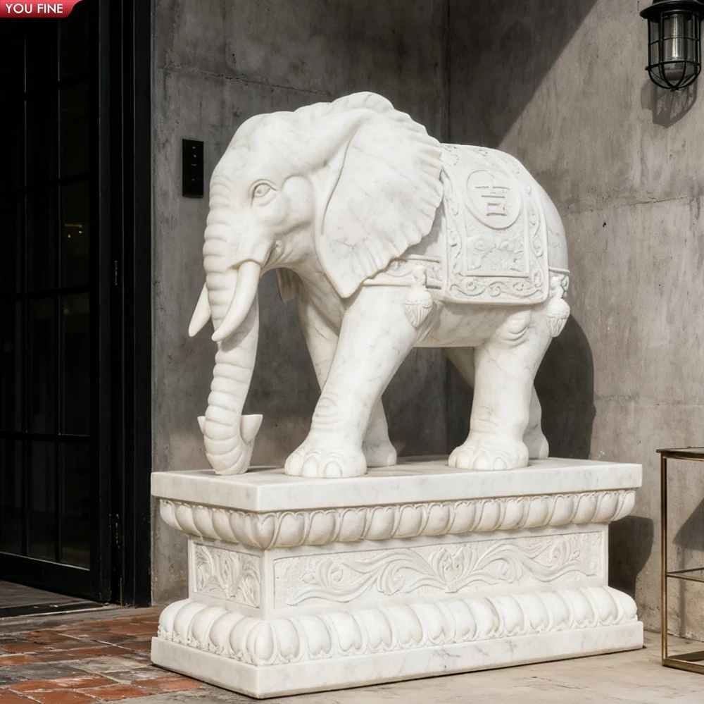 YOUFINE Carved White Marble Elephant Statue Entrance Decor for Garden Villa Commercial Building