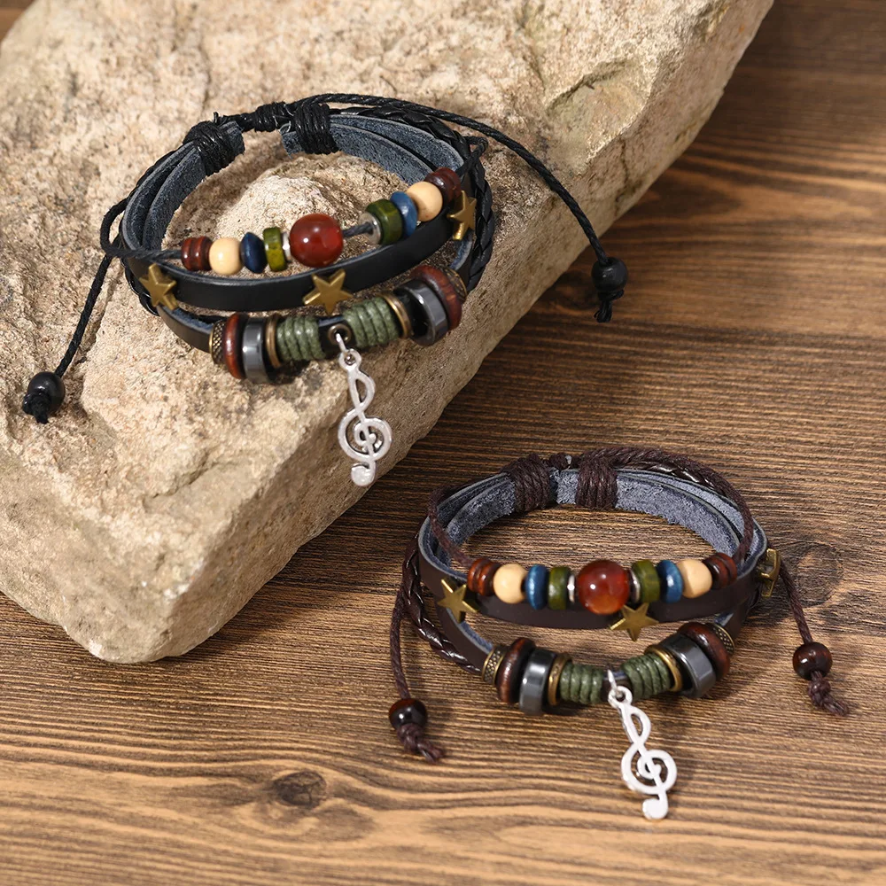 Hot Sale Musical Note Braided Rope Adjustable Leather Bracelets Wholesale Wooden Wrap Multi Layer Leather Bracelet