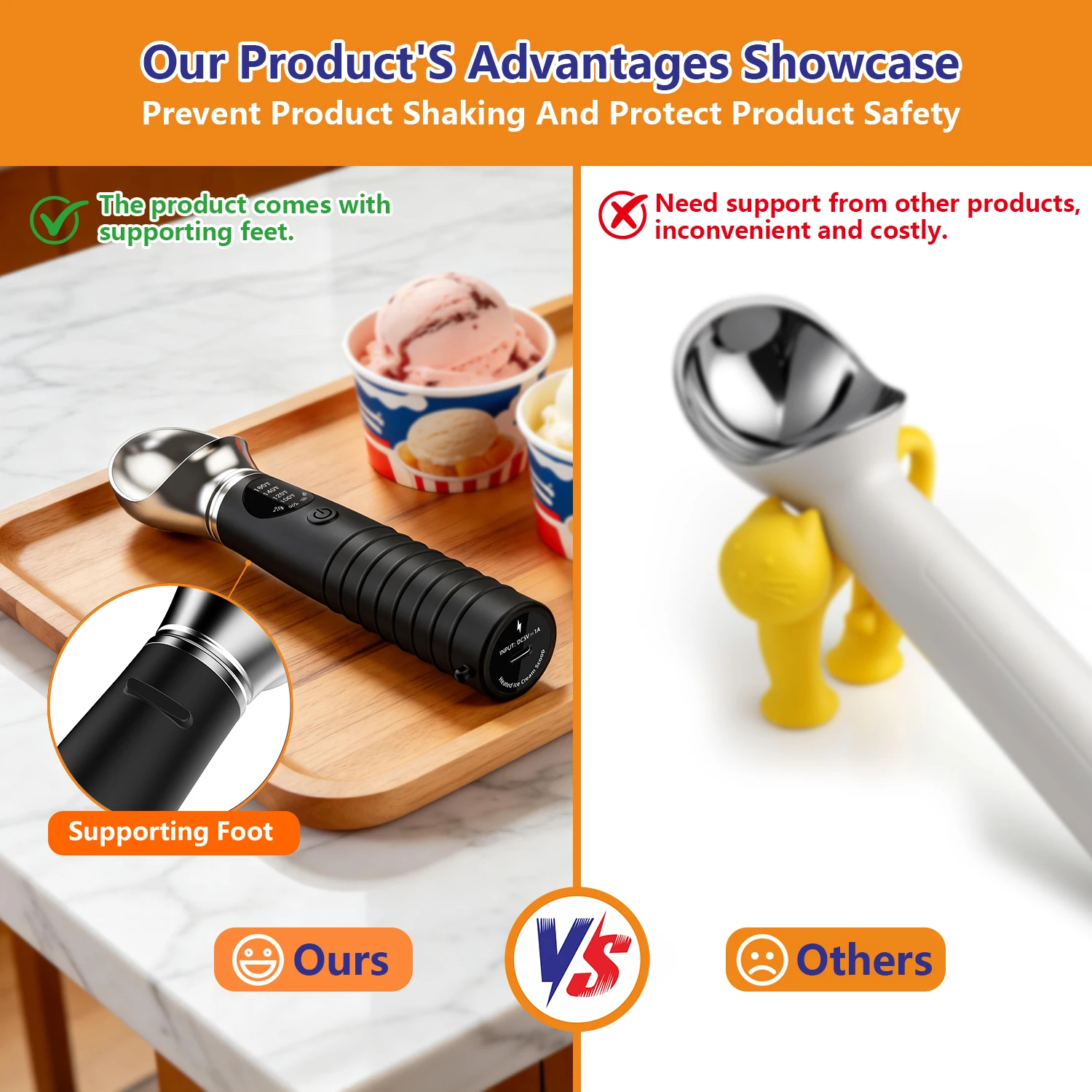 LED Heated Metal Ice Cream Scoop 4-Speed Temperature Control IP67 Waterproof Rechargeable Easy Use for Home & Business