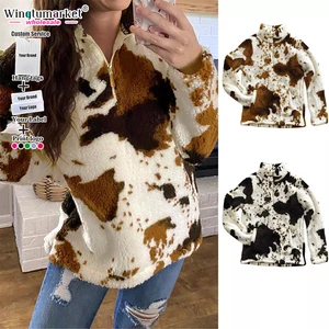 Custom Aztec Western Winter Fluffy Faux Fur Zip up Sweatshirt Hoodie Cow Pullover Jacket Fleece Sherpa Hoodies for Women