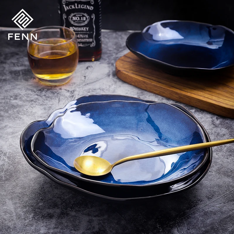 FENN 7.25 inch European dessert plate reactive glazed ceramic blue irregular shape dinner salad plate