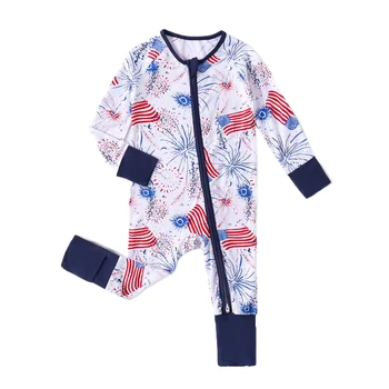 Super Soft Cooling Bamboo Fiber Daily Print Long Sleeve Baby Romper Two-Way Zipper Hairstyle Infant Clothes Crawling Suit