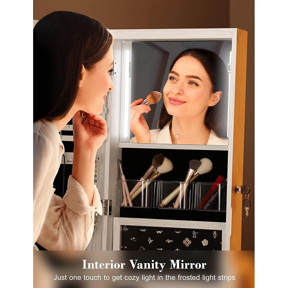 360° Swivel Rotatable Full Length Mirror Standing Jewelry Cabinet with Foldable Makeup Shelf and 3 Rear Storage Racks details