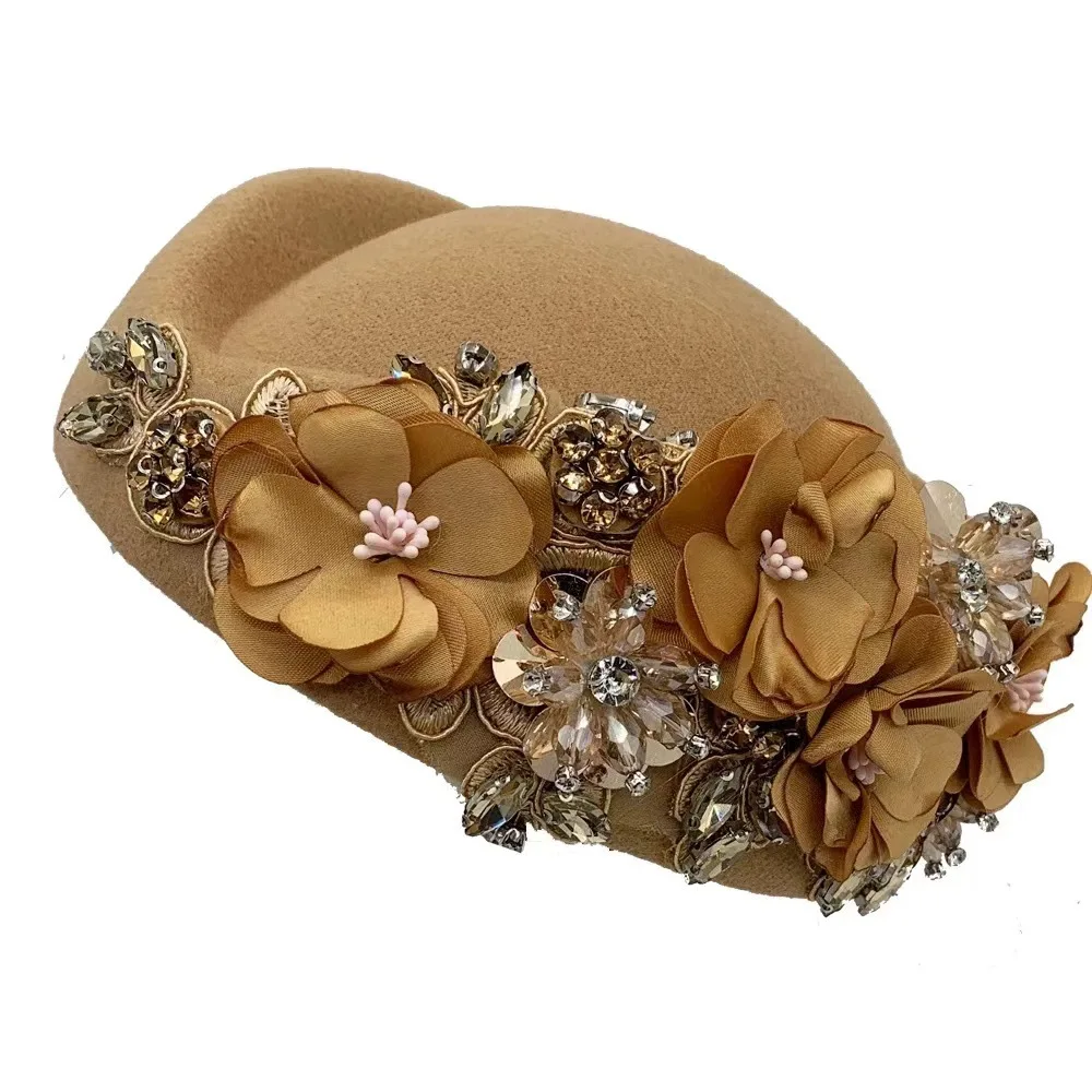 Women\'s British Felt hat Church Derby Headdress Floral Beret hat Brown Women\ main image 4