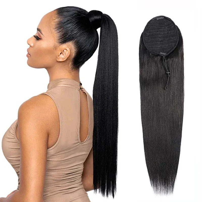 Extensions de queue de cheval droites à clipser en cheveux humains avec cordon de serrage de couleur naturelle pour femmes_voghion.com