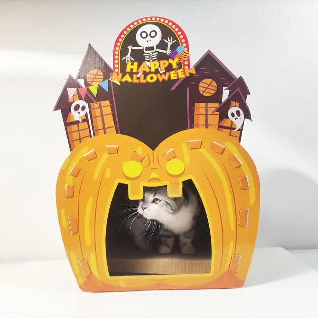 Pumpkin Shape Halloween Holiday Cat Scratcher House  Corrugated Box Paper Cat Toy Cardboard Cat house