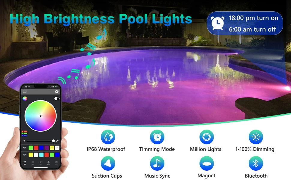 IP68 Waterproof LED Pool Lights - Color Changing & APP Control