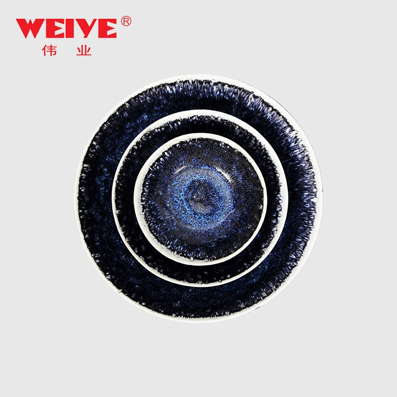 Weiye blue color glaze bowl plate set hotel ceramic tableware with random lines pattern&A15398