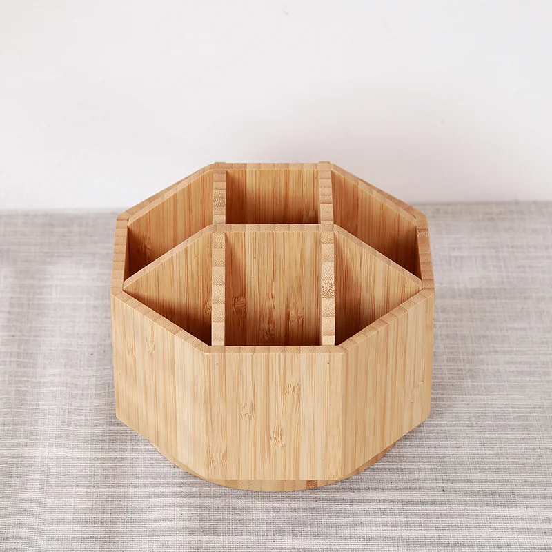 Multiple 9 Compartments Kitchen Organizer Bamboo Rotating Utensil