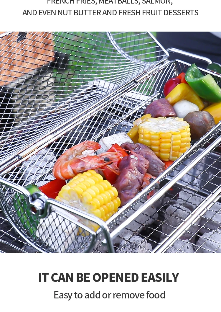 Stainless Steel Rolling Bbq Grill Mesh Basket Grill Rotisserie Basket Roll Barbecue Cage Roaster