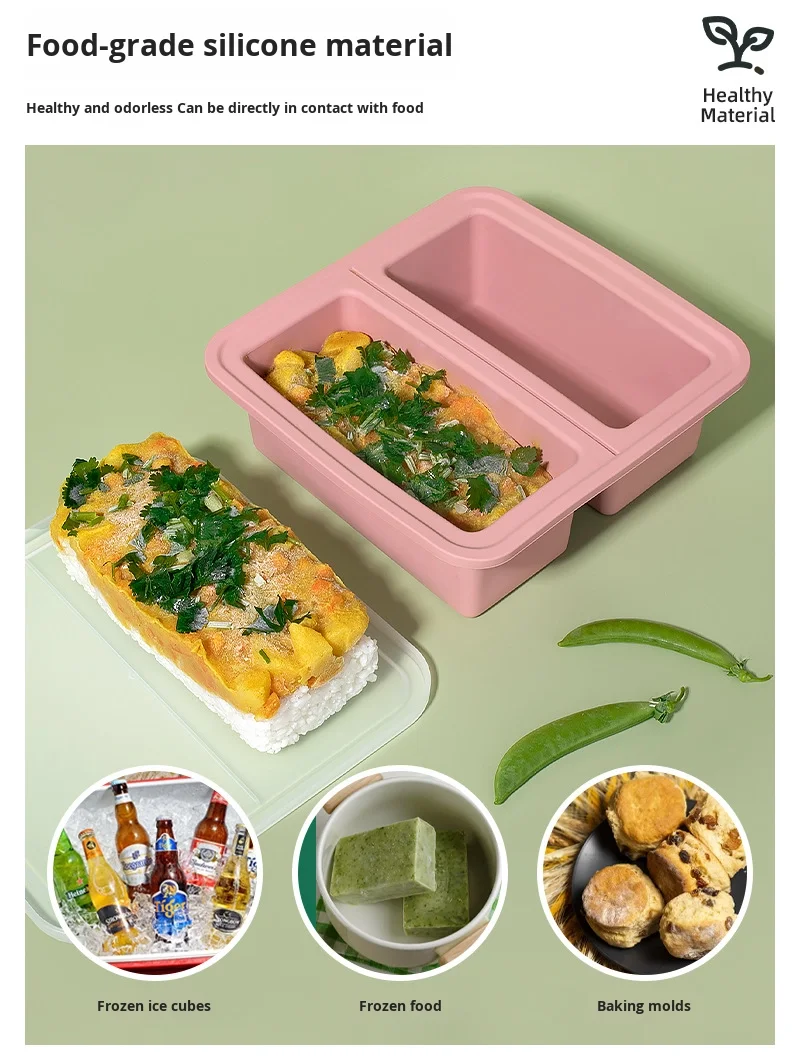 Factory Direct Sale Custom Large Rectangular Silicone Ice Tray Easy Release Lid 2-Compartment Reusable Lunch Box Sustainable manufacture