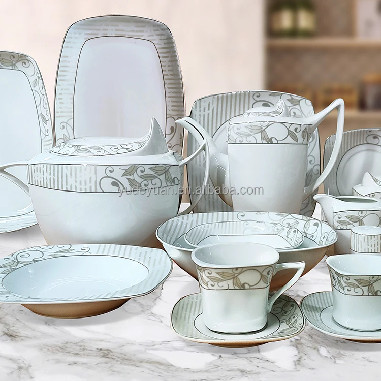 Modern Style Bone China Dinnerware Set 66PCS Turkish Gold Plated Square  Design Factory Wholesale Sustainable Ceramic Porcelain