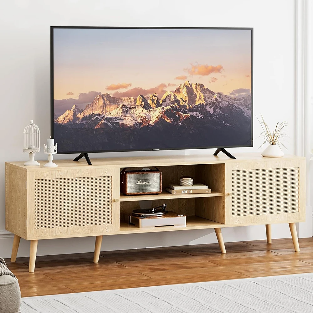 Modern Media Console for TVs up to 65'' Entertainment Center with Rattan Door 2 MDF Cabinets for Living Room Bedroom details