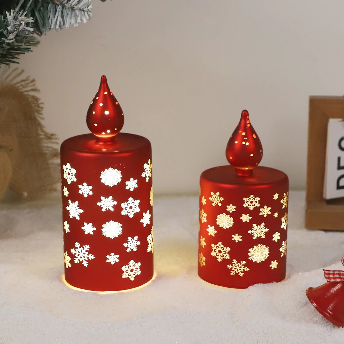 Christmas red engraved pattern led glass flameless candle shaped lights wholesale