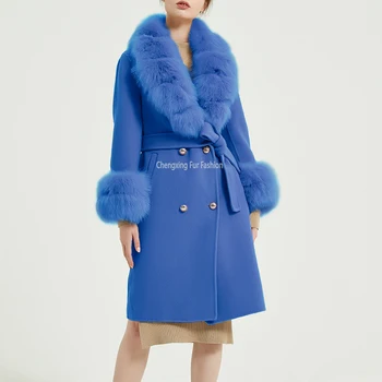 CX-G-T-68J Wool Blend Overcoat Blue Winter Double Sided Cashmere Coat with Real Fox Fur Shawl Collar