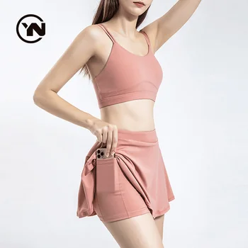 New 2022 Lulu Lemon Ladies Yoga Sport Bra Tennis Skirts With Pockets Shorts Two Set Custom Logo For Women