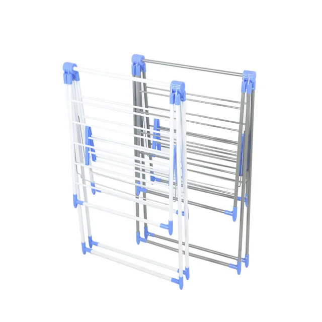 Modern Outdoor Portable Iron Cloth Drying Rack Double Tiers with Flexible Wings Foldable Standing Type for Shoes and Bedding