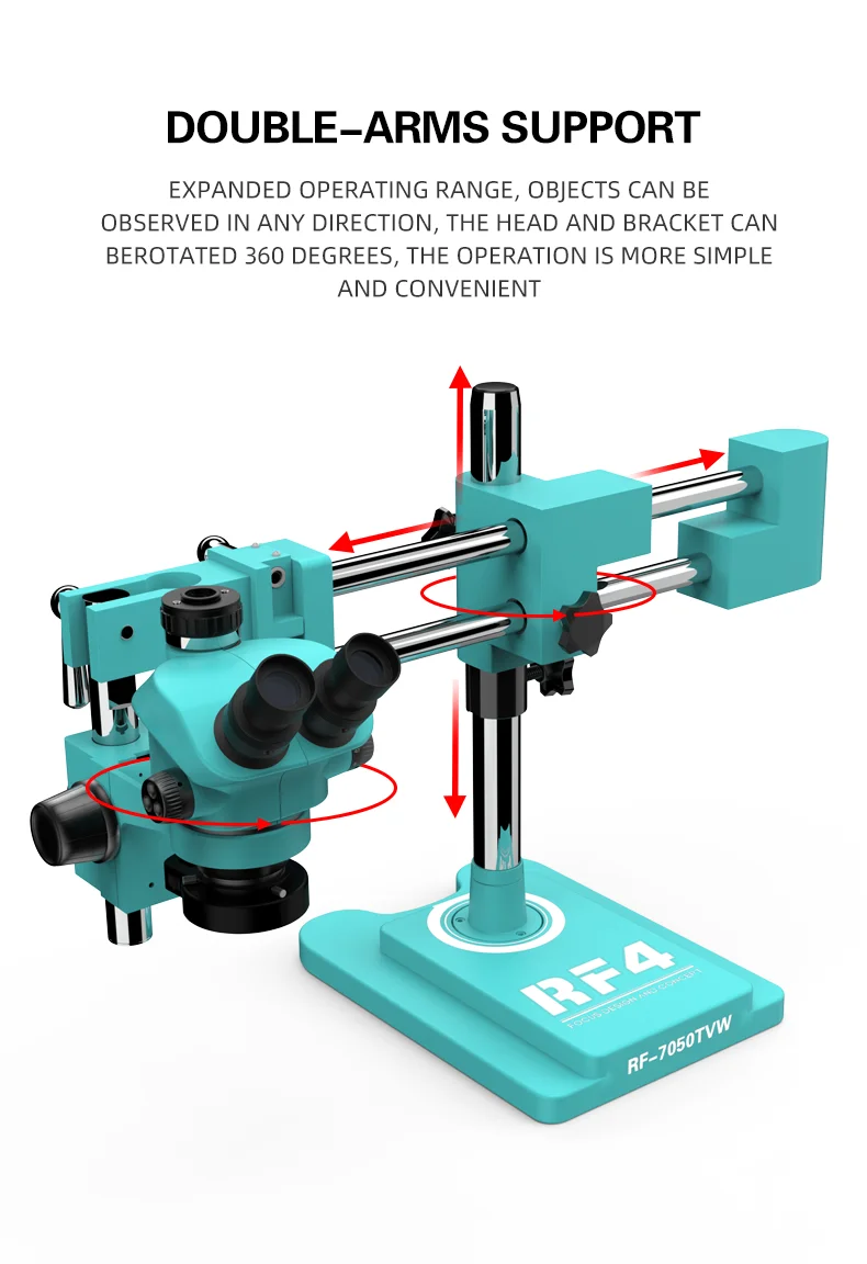 RF4 RF7050TVW 7-50X Electronics Trinocular Microscope With STL2 Double-arm Boom Stand for Phone PCB Soldering Welding Tool