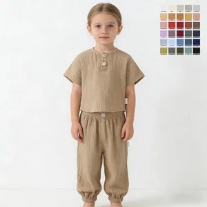 Wholesale High-quality Muslin Cotton Girls Boys Clothing Sets Short Sleeve + Pants Summer Kids Clothing Sets