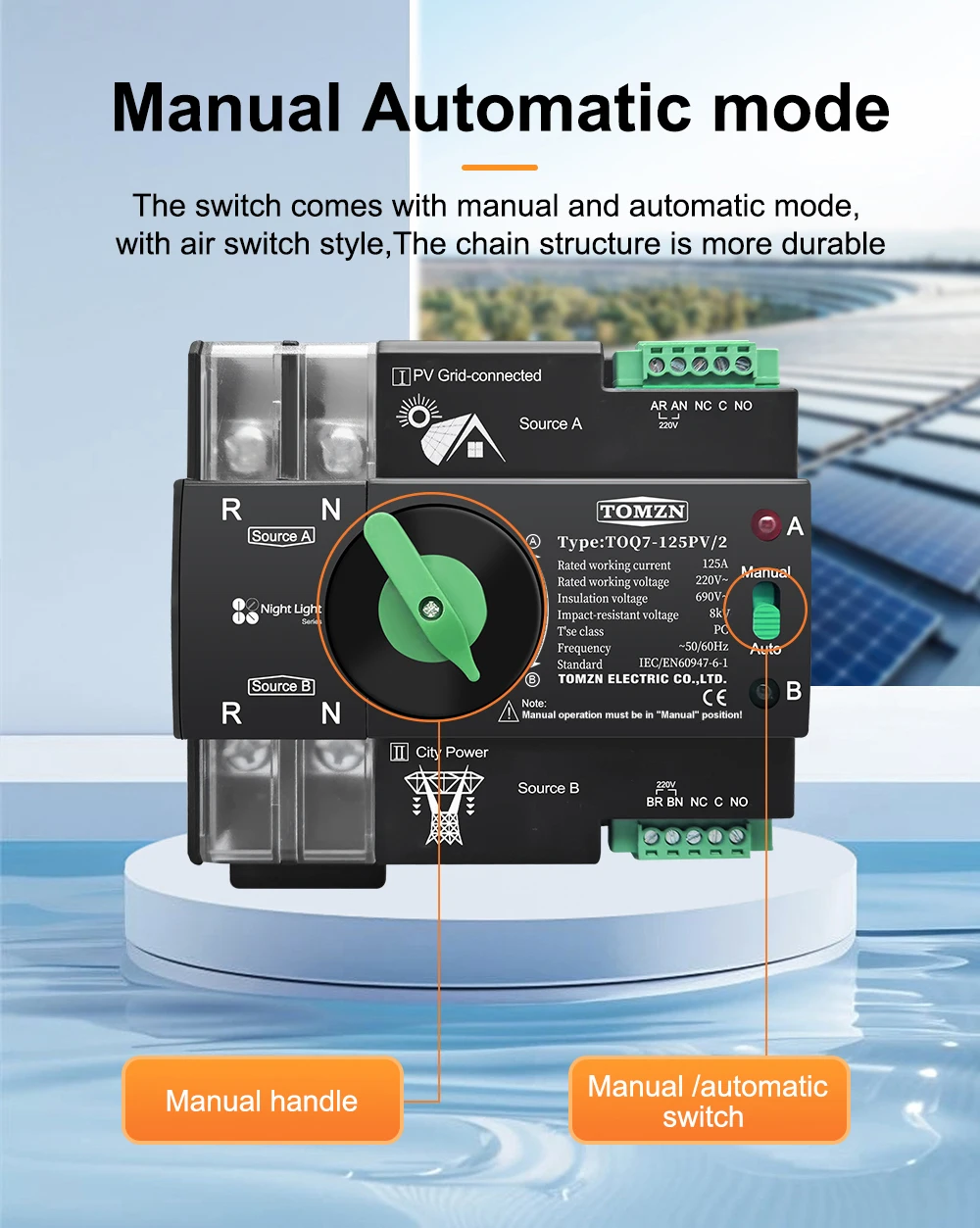 TOMZN 2P TOQ7 PV 220V 230V 63A 100A 125A Din Rail ATS Dual Power Automatic Transfer Electrical Selector Switch Uninterrupted