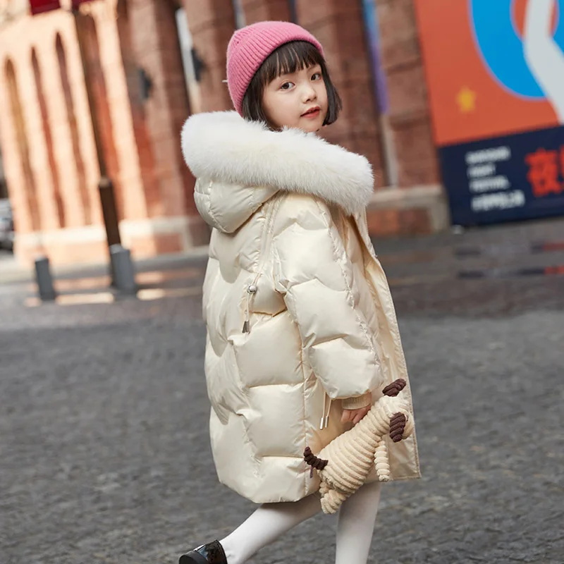High Quality Children Hooded Padded Jacket Medium Long Kids Winter Outwear Thickened White Duck Down Teenage Down Coat for Girls