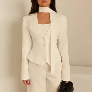 2026 Women's V Neck Scarf Blazer Jacket Elegant Cinched Waist Single Breasted Full Sleeve Coat Female Casual Slim Blazers