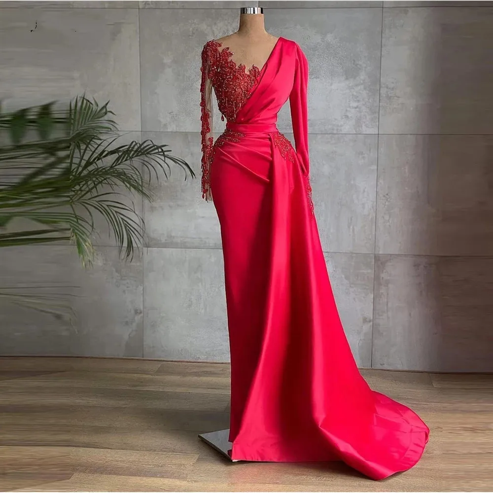Ev115 Glamorous Red Satin Dubai Evening Dresses Long Sleeves Sheer Neck ...