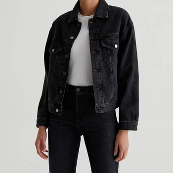 OEM/ODM Custom Faded Black Wash Women's Relaxed Boxy Trucker Jacket in Cotton -  Double-Needle Seams, 100% Cotton Denim