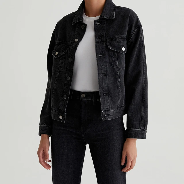 OEM/ODM Custom Faded Black Wash Women's Relaxed Boxy Trucker Jacket in Cotton -  Double-Needle Seams, 100% Cotton Denim