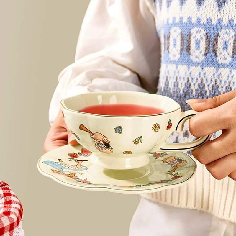 New Tea for One Girl Rabbit Ceramic Coffee Cup and Saucer Set Gold Rims Afternoon Tea Pot With Box