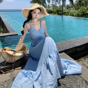 Spring Fairycore Slim Bandage Casual Midi Dress for Women Embroidery Hollow Out Lace Dress