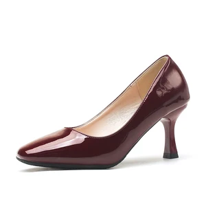 Burgundy Patent Microfiber Square Toe Stiletto Heels, Slip-On Office Pumps for Summer