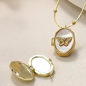 Women's Trendy Brass Retro Sun Moon Shell Photo Album Frame Necklace Openable Gold Chains with Color Retention Jewelry