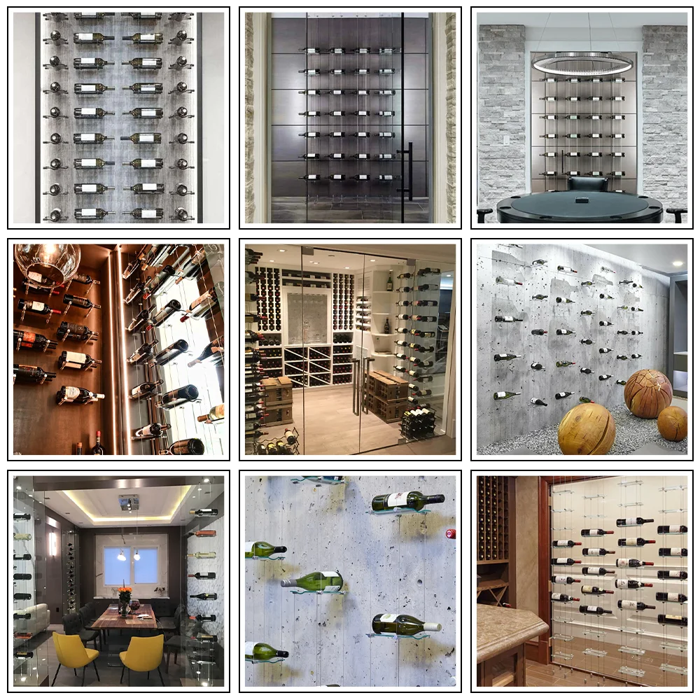 Customized Display Floating Cable Wine Rack  with clear Glass Cradles and Silver Clips Wine Bottle Rack Display Wine Storage