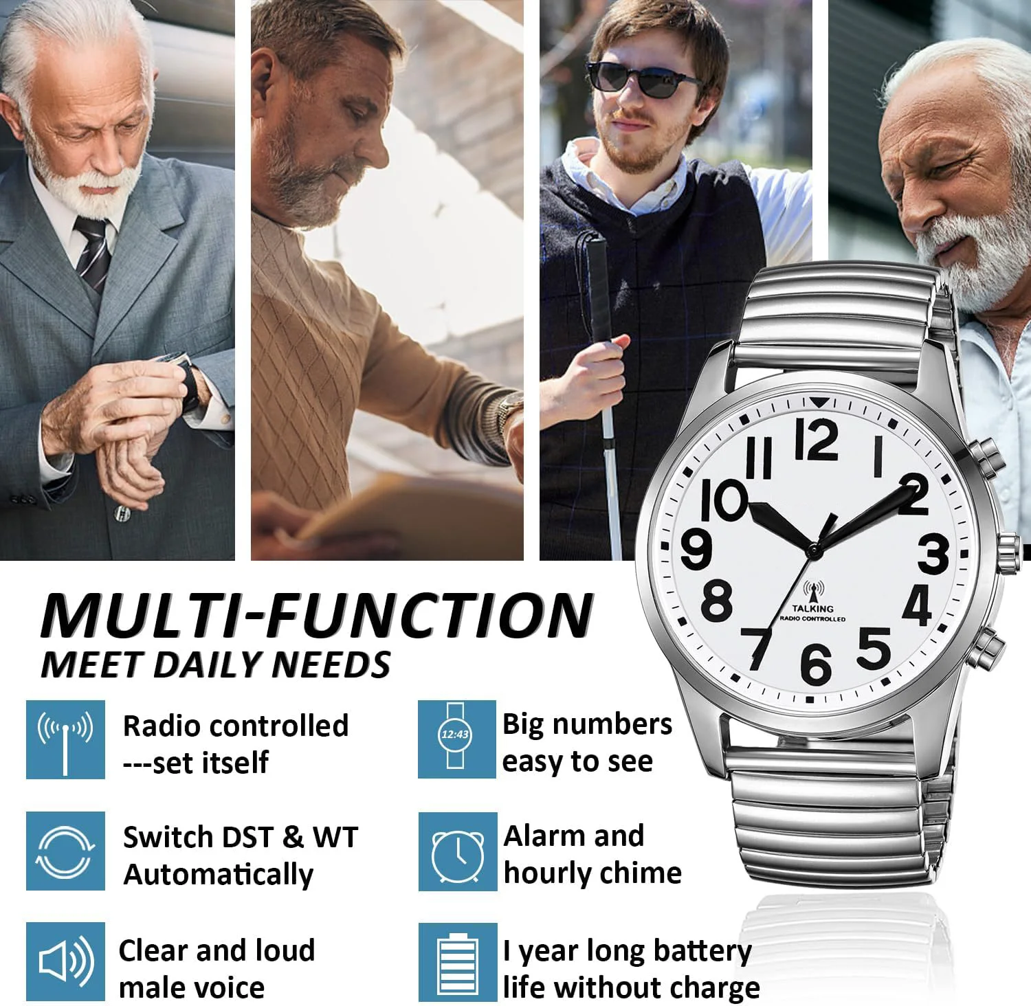 Orologio Parlante Unisex Con Cinturino In Pelle Marrone E Cassa Oro, Per Anziani E Ipovedenti, Sveglia E Data In Francese, Movimento Giapponese - 3