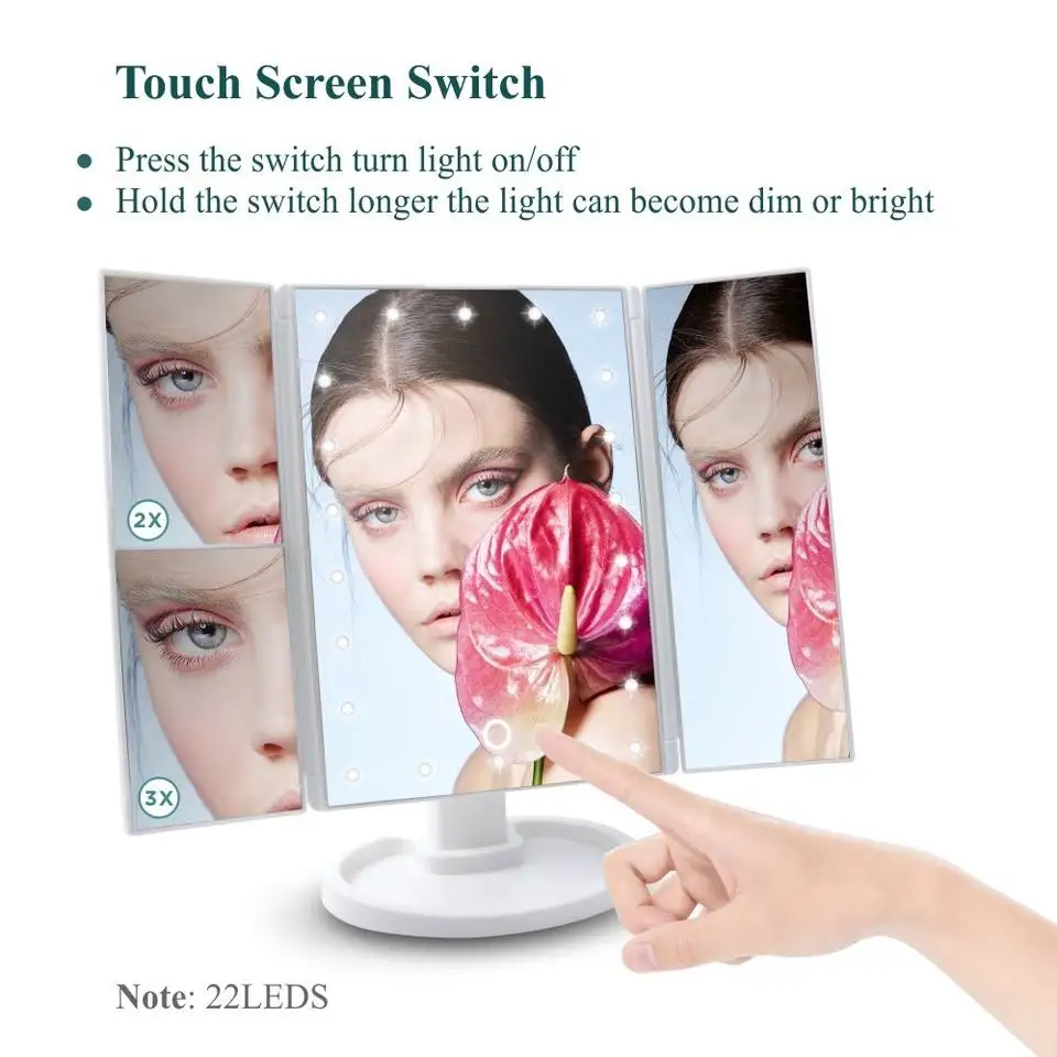 hot Three Trifold mirror Desktop Foldable Travel Vanity Portable Led Makeup Mirror With Led Light supplier