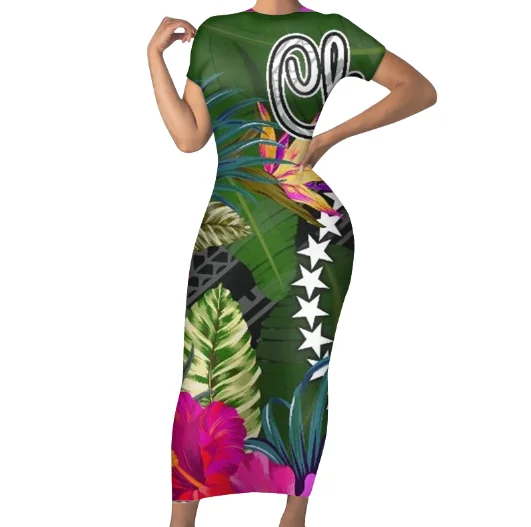 Tight Women's Long Hawaiian Maxi Dress with Polynesian Design, Short Sleeves,  Eco-Friendly Fabric - Plus Size Available