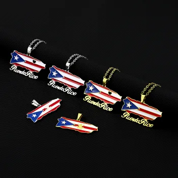 Stainless Steel 18K Gold Plated Puerto Rico Map Pendant Necklace for Men and Women Enamel Puerto Rico Flag Map Chain Necklace