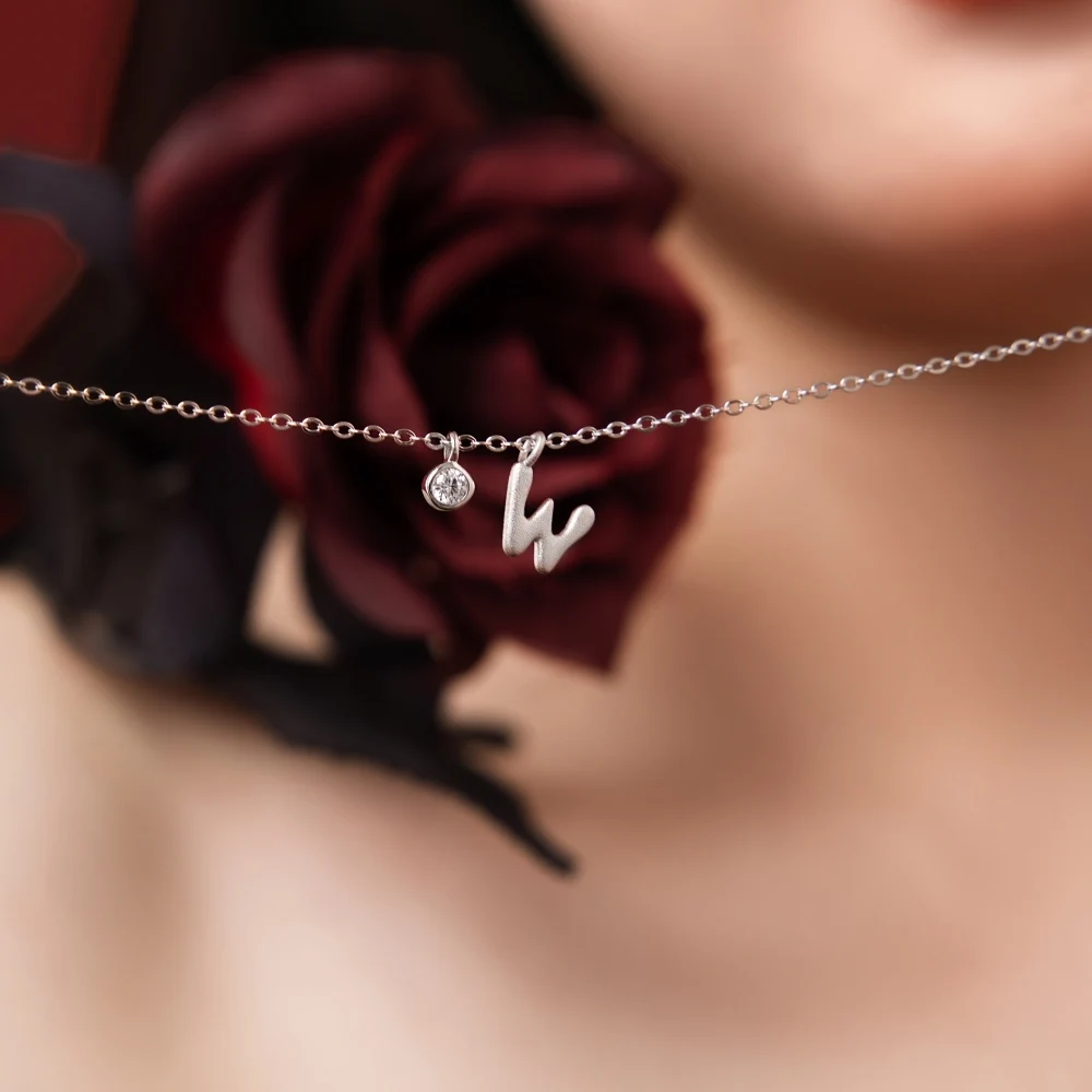 KAKODIY Rhodium Plated Fine Zircon Alphabet Necklace, 26 Letters A-Z Alphabet Necklace, Personalized Initial W Necklace for Women detail 3