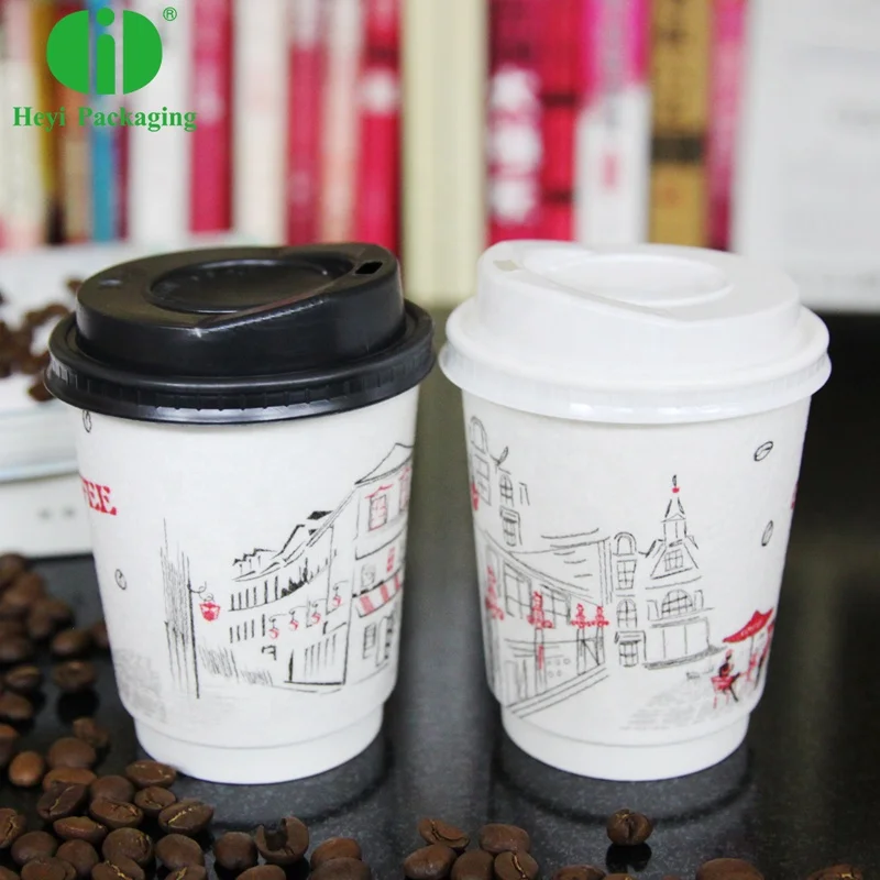 Disposable Foaming Paper Cup Coffee Milk Tea Cup Hot Drink Cup with Lid Thickened Flocking  8/12/16 oz