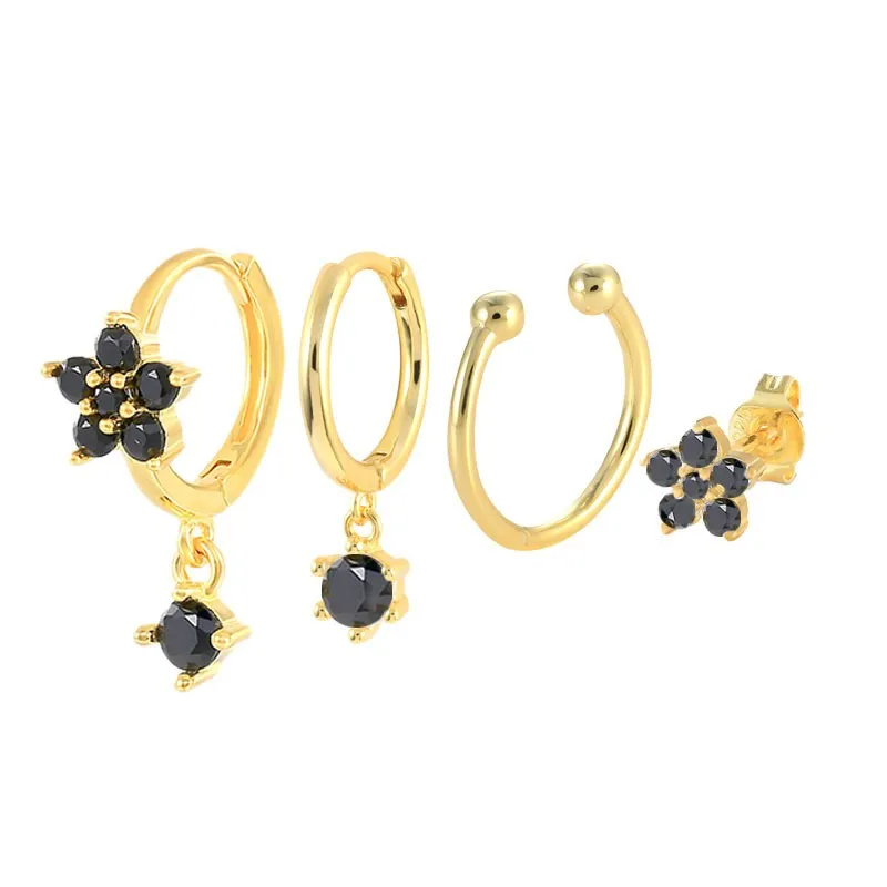 Flower 4 Pieces Set Multicolour Diamond Stud Hoop Drop Earrings Set Fashion 925 Sterling Silver Earrings Women