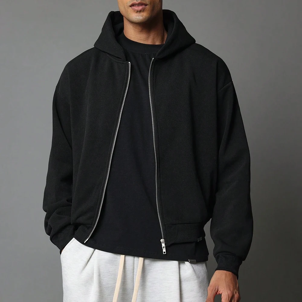 Customized Performance Knitted Fabric Drop Shoulder Pullover Hooded Sweatshirt Men Crop Fit Zip up No String Sport Hoodie Men